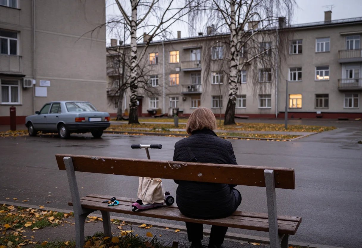 Пожилая женщина одна на скамейке во дворе