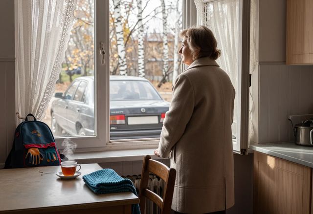 Женщина у окна с рюкзаком и чаем на столе