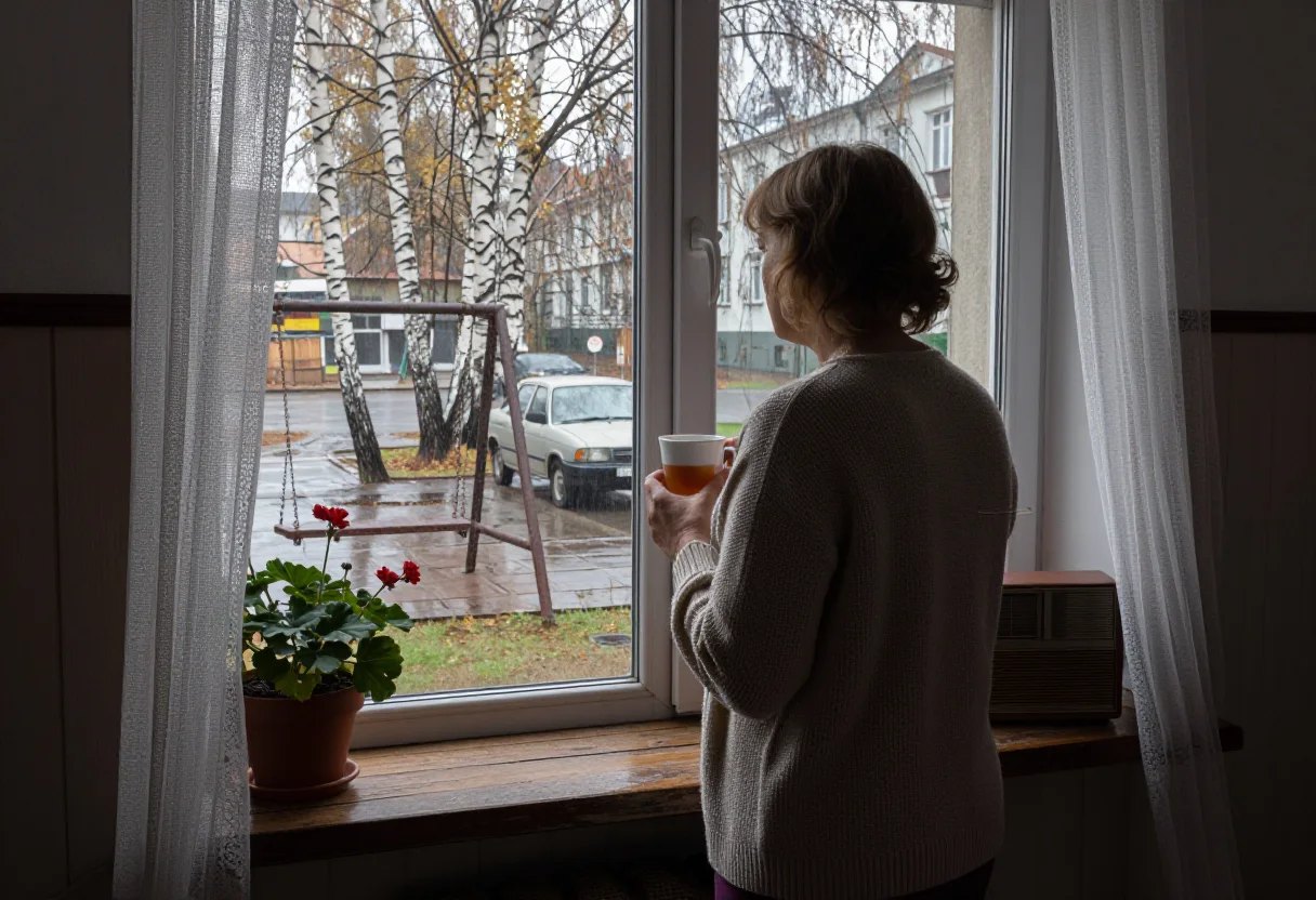 Женщина с чаем смотрит на дождливую улицу